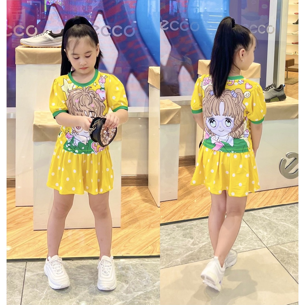 Set Áo Váy bé gái thun lạnh 3D in hoạt hình siêu dễ thương , Váy đâm đẹp cho bé