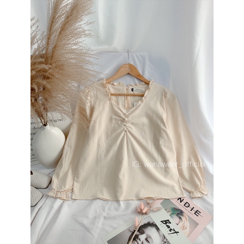 Áo sơ mi nữ trắng be dài tay bồng tiểu thư WANAWEAR cổ V bèo cực xinh chất đẹp dày dặn vintage Hàn Quốc | BigBuy360 - bigbuy360.vn