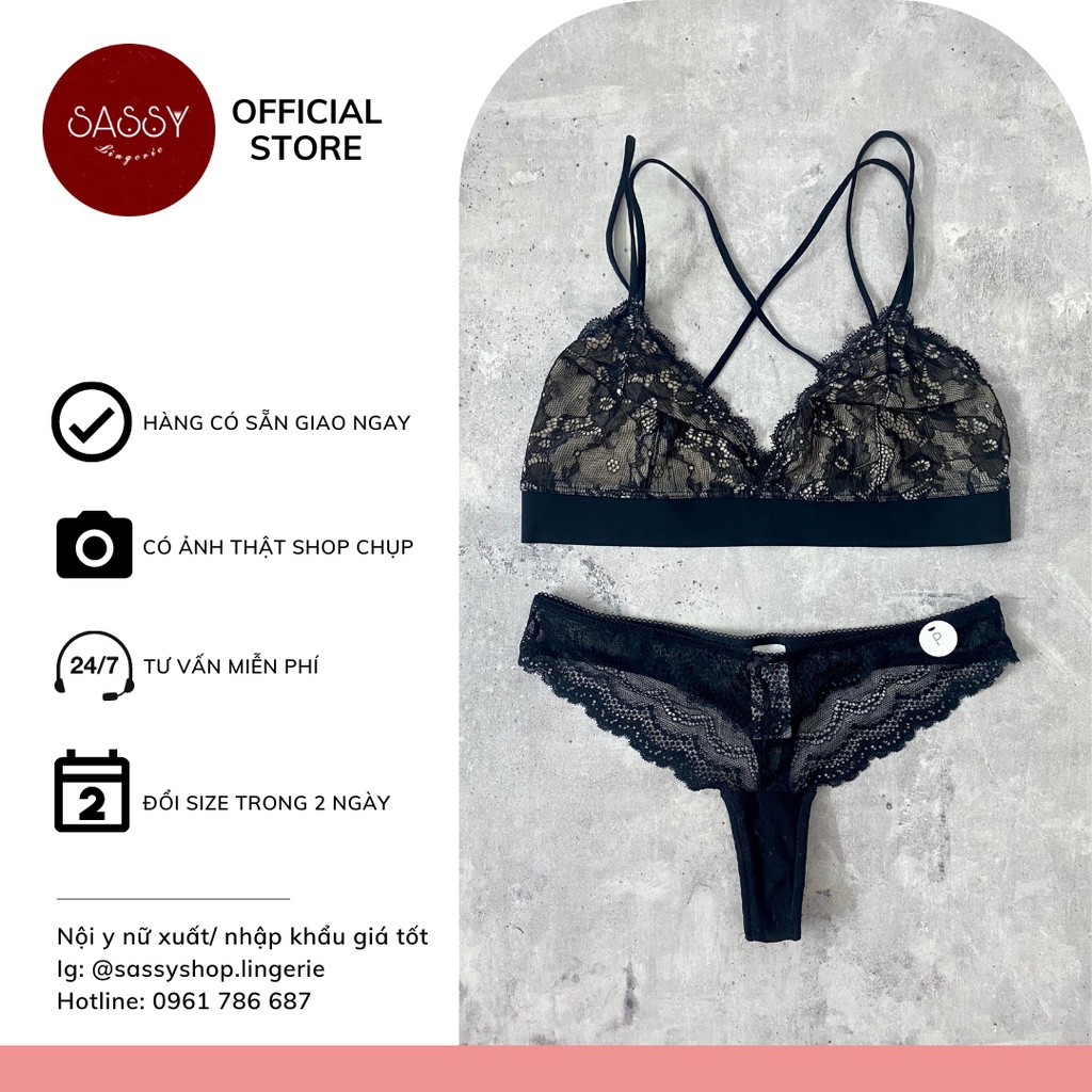 Bộ đồ lót nữ đen ren áo bralette dây chéo lót nude kèm quần lọt khe ren cánh tiên xịn xò gợi cảm cho nữ