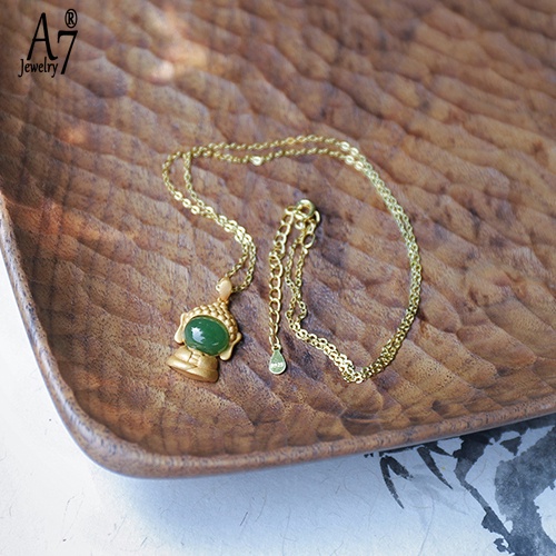 Vòng cổ Mạ Bạc 925 Mặt Hình Phật Đính Ngọc Bích Thời Trang Cho Nữ