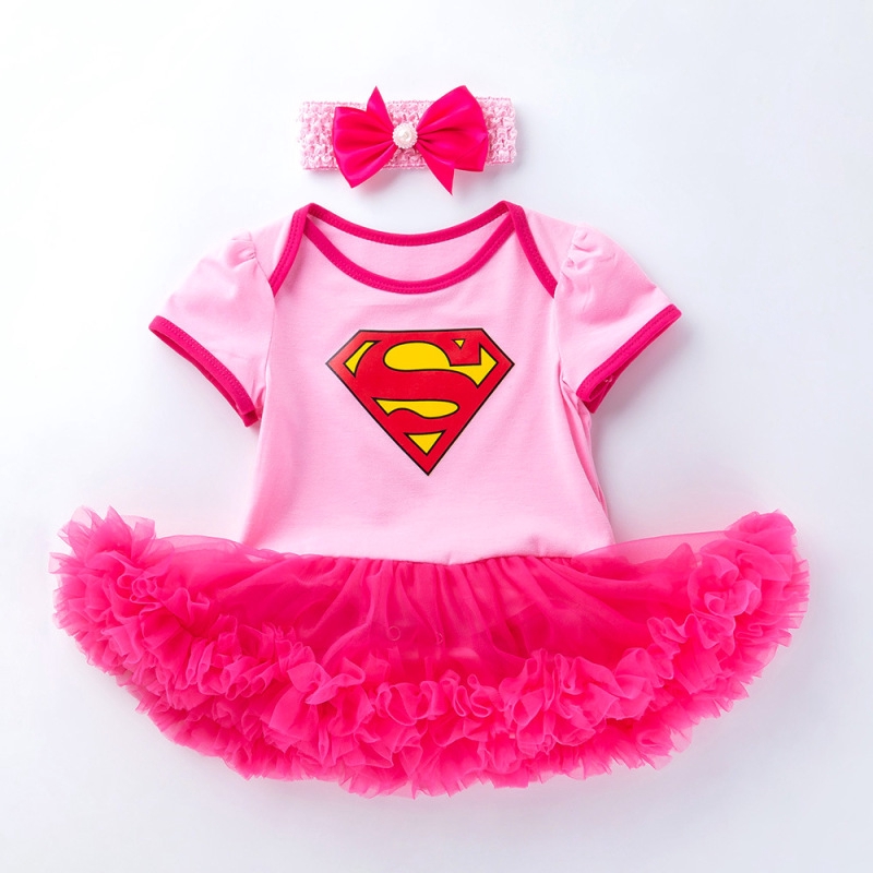 Bộ 2 Món Áo Liền Quần Tay Ngắn + Băng Đô Vải Cotton In Hình Superman Dễ Thương Cho Bé Gái 0-2 Tuổi