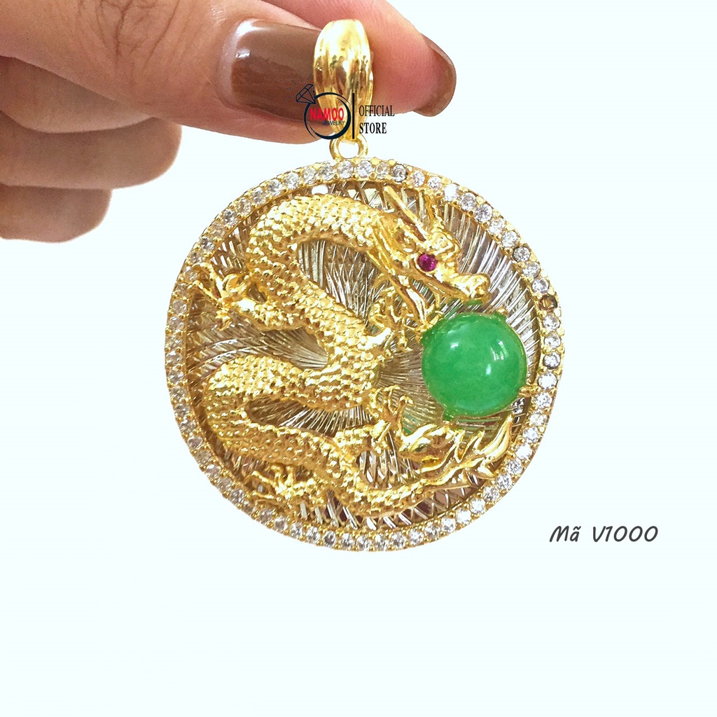 Mặt Dây Chuyền Nam V1000 Đá Xanh Hình Rồng Màu Vàng+ Trắng Bền Màu