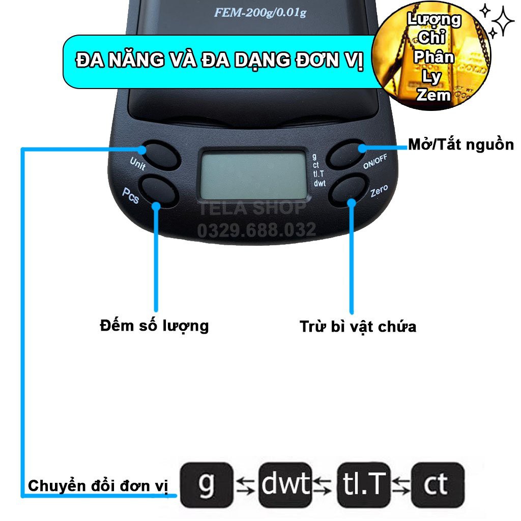 Cân Tiểu Ly 0.01g FEM có đơn vị Cân Vàng Chính Xác Cao ( Bảo Hành 1 Năm ) Tela Shop