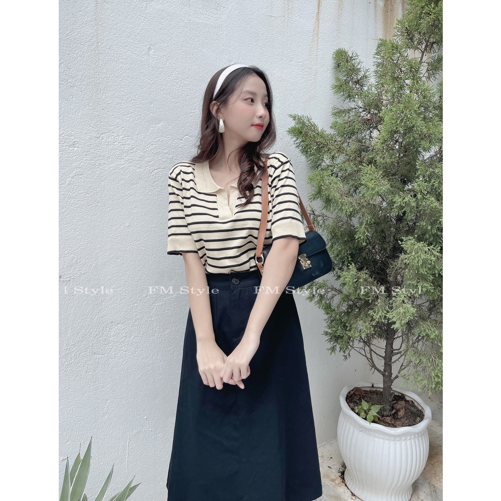 Áo nữ Fm Style polo sọc ngang chất vải dệt kim phong cách phối đồ dễ 210717045 | BigBuy360 - bigbuy360.vn