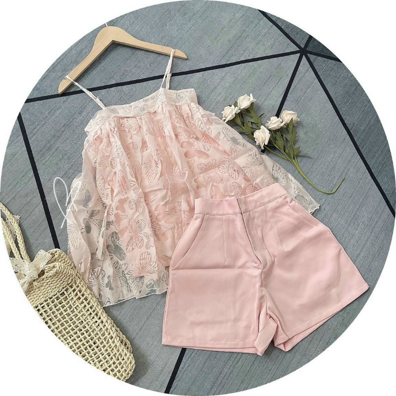 🌸🌸🌸SET ÁO REN BABYDOLL+ QUẦN SHORT TAFTA2 màu: đen/ hồng.