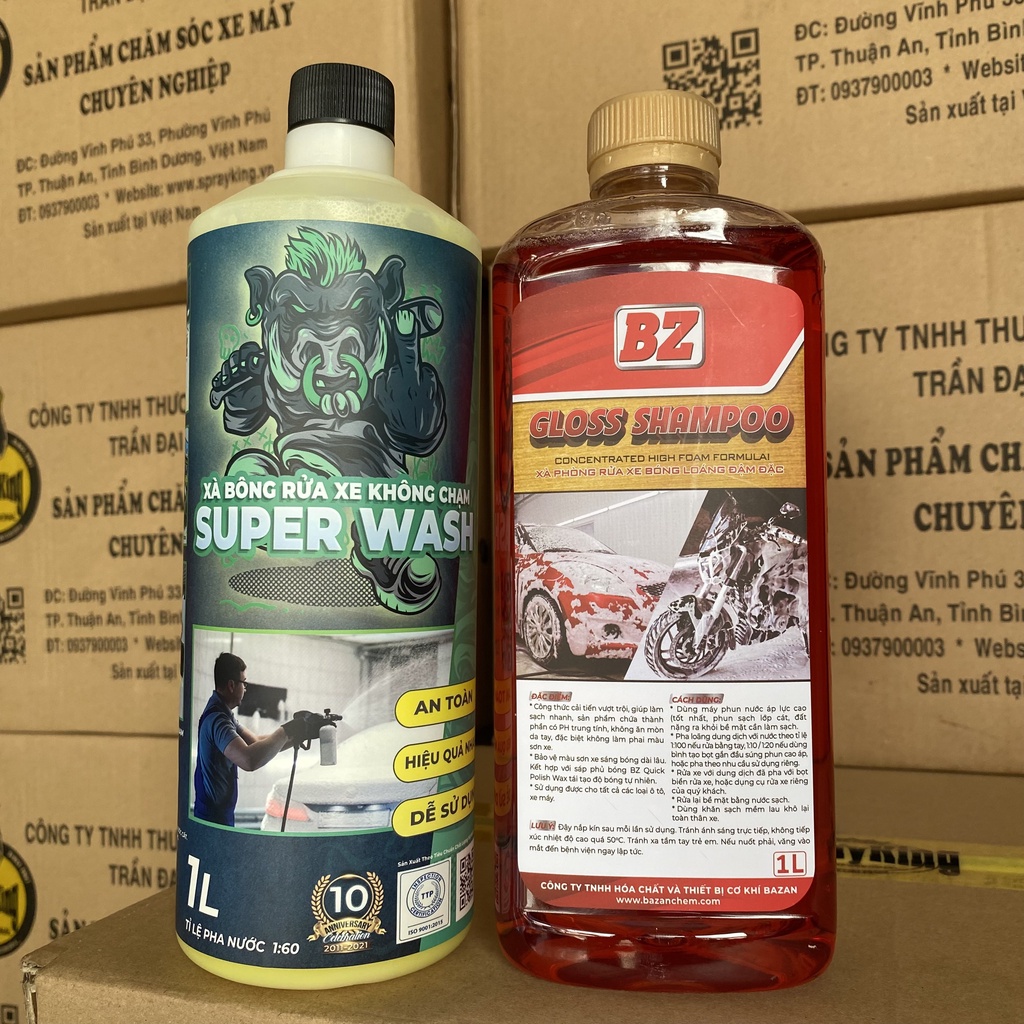 Combo nước rửa xe BZ và nước rửa xe không chạm Sprayking Super Wash 1L siêu bóng loáng, đậm đặc