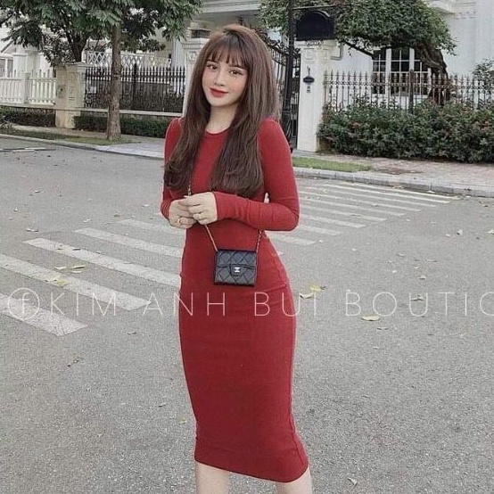 Đầm midi FOREVER21 thun cotton nhung mịn gân tăm ôm body tay dài cổ tròn màu đỏ