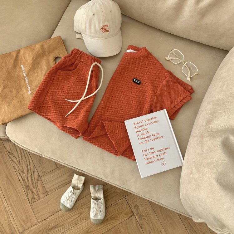 Bộ Áo Thun Tay Ngắn + Quần Short Cotton Trơn In Chữ Waffle Phong Cách Hàn Quốc Thời Trang Cho Bé Trai