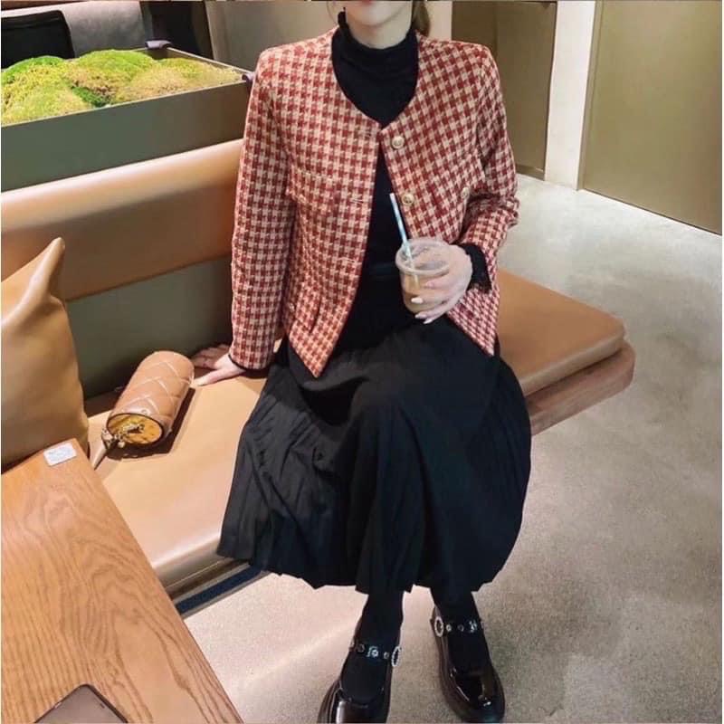Áo khoác dạ 2 lớp  tweed túi giả kẻ caro 2 màu basic kiểu dáng Hàn Quốc