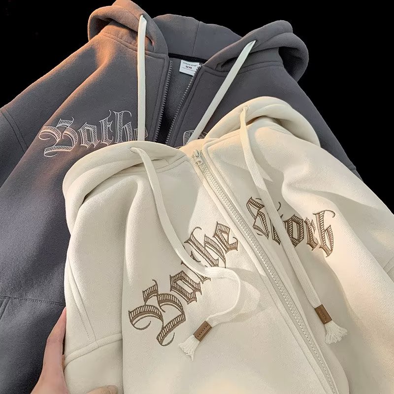 Plus Áo Khoác Hoodie Có Khóa Kéo Dáng Rộng In Chữ Phong Cách Hàn Quốc Thời Trang Mùa Thu Cho Nam