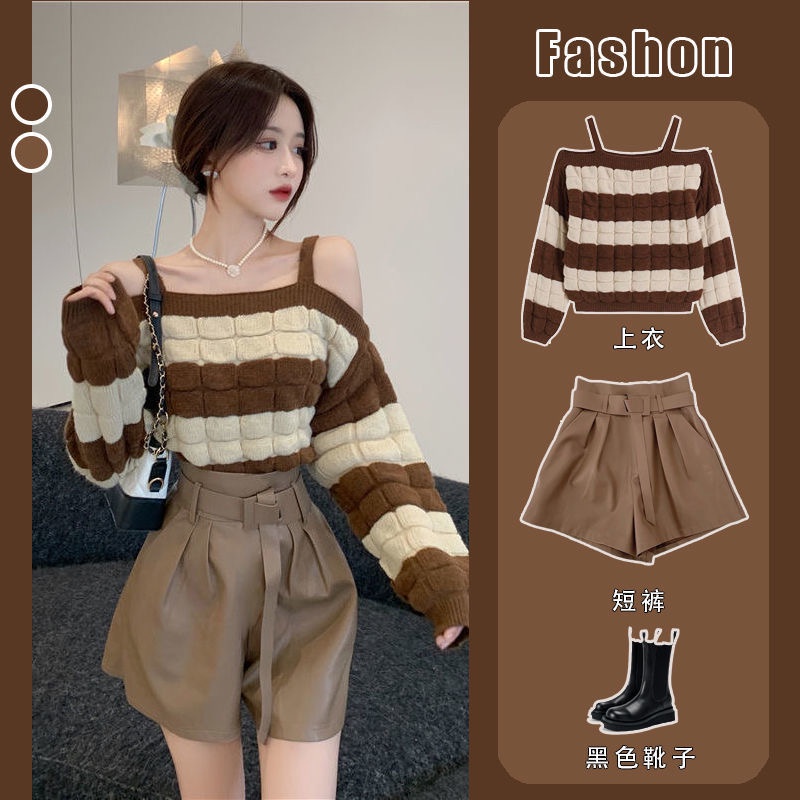 Sét áo sweater dệt kim trễ vai phối quần đùi da lưng cao thời trang mùa thu đông 2022 mới nhất