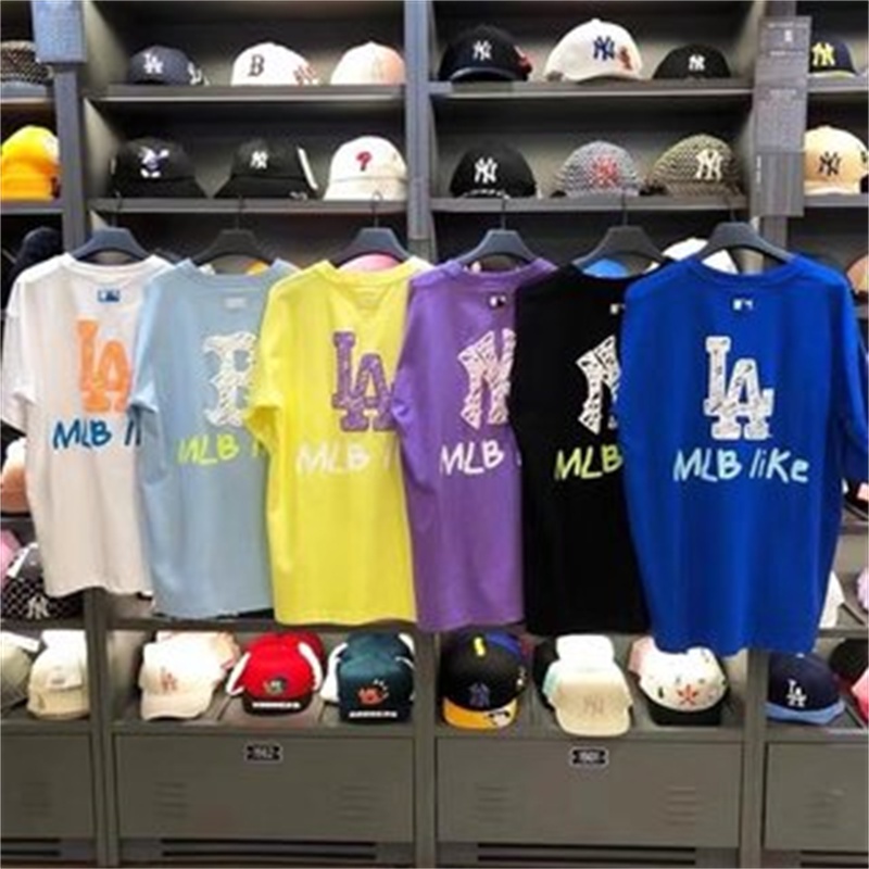 MLB Áo Thun Cotton Tay Ngắn Họa Tiết Graffiti Yankees Thời Trang Cho Các Cặp Đôi