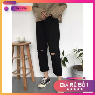 Quần Kaki Nữ siêu bền🌸quần cạp chun rách gối màu đen