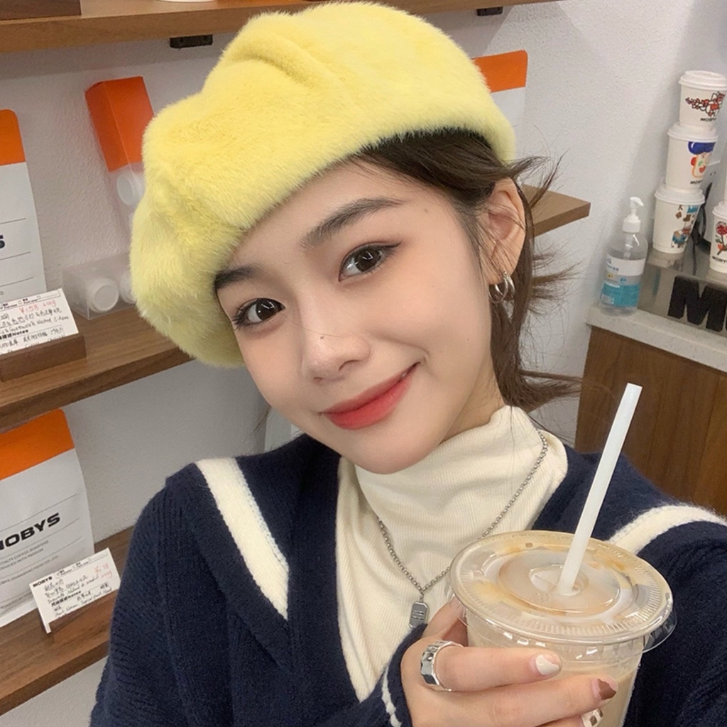 Sản Phẩm Papaya MG STUDIO / Mũ Beret Lông Chồn Giả Màu Trơn Ấm Áp Mùa Đông Phiên Bản Họa Sĩ Hàn Quốc Dễ Thương Cho Nữ