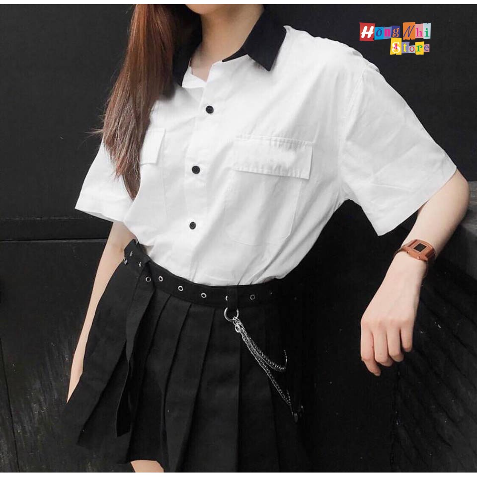 SƠ MI TAY LỠ DÁNG RỘNG UNISEX PHỐI CỔ 2 TÚI MÀU TRẮNG - SƠ MI MIX TAY LỠ- MM