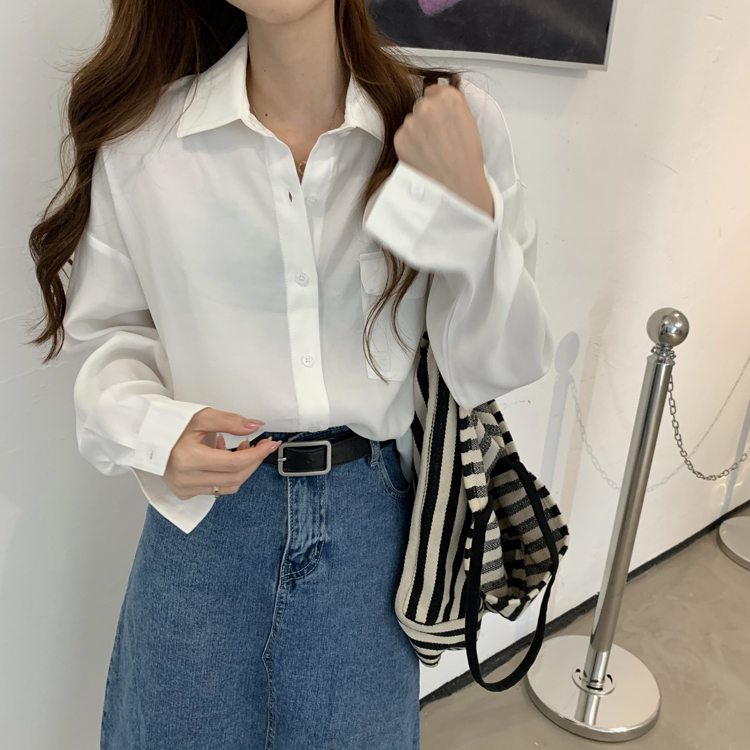 Áo Sơ Mi Tay Dài Dáng Rộng Màu Sắc Đơn Giản Phong Cách Retro Hàn Quốc