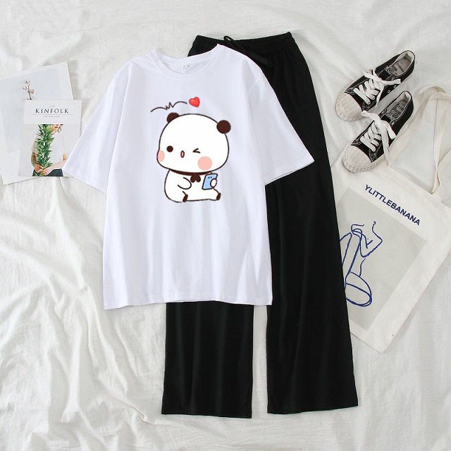 Sét Bộ Đồ Thời Trang Nữ Học Sinh Mùa Hè Mặc Đi Chơi, Áo Cotton In Hoạt Hình 3D Gấu Má Hồng Kèm Quần Ống Rộng Thun Cát