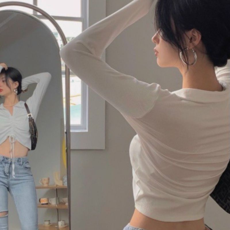 Áo thun cổ bẻ tay dài rút dây phong cách sành điệu (A15