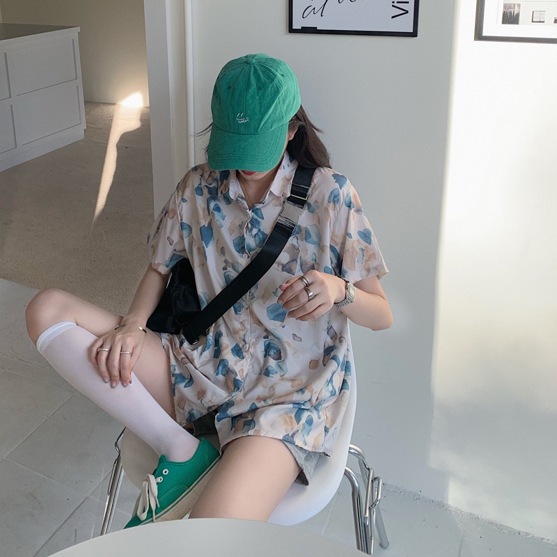 Áo sơ mi SUXI tay ngắn dáng rộng in họa tiết thời trang mùa hè trẻ trung cho nữ