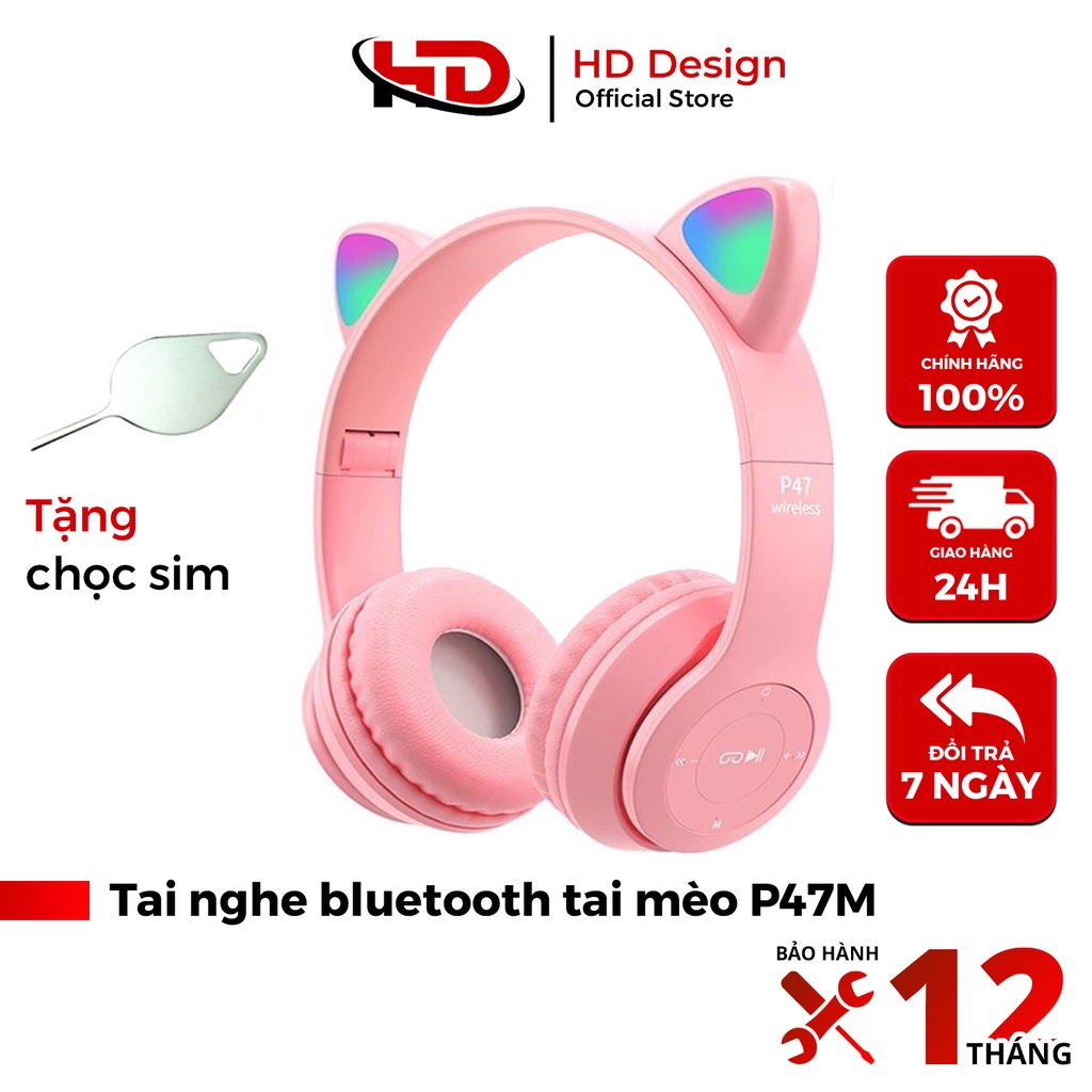 Tai Nghe Mèo Không Dây Bluetooth P47M Có Đèn Led - Chống Ồn - Có Mic - Chính Hãng HD DESIGN