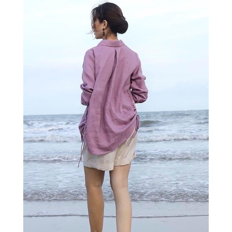 Áo sơ mi nữ Linen dài tay form rộng rút eo trẻ trung