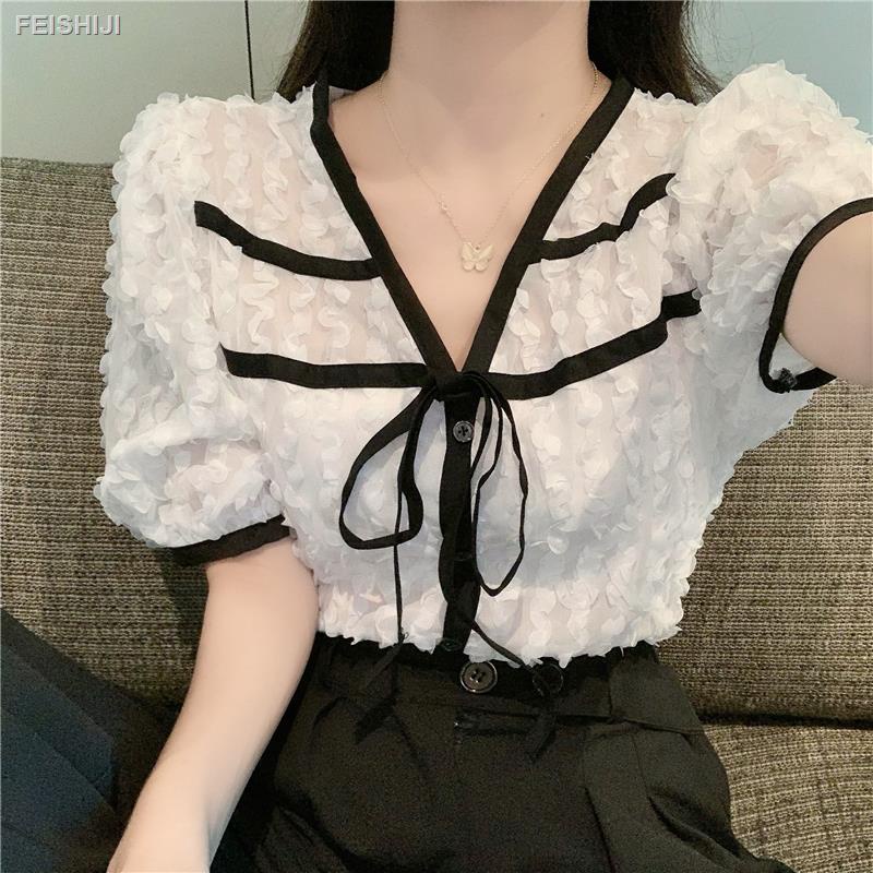 ✗Áo sơ mi chiffon tay phồng phối ren hoa ba chiều màu sắc thời trang mùa hè mới