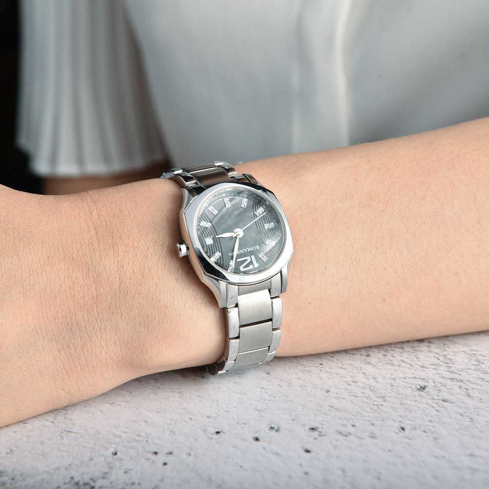 Đồng hồ Romanson Watch TM1271LWBK nữ mặt nhỏ đính đá kính chống xước máy Thụy Sĩ dây thép cao cấp chính hãng