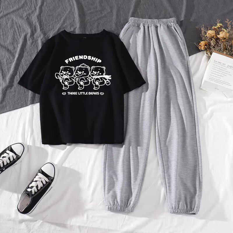 Sét Áo Gấu nhảy + quần bom chun, Áo thun from rộng, Chất đẹp không xù, quần suông ống rộng, Sét bộ mặc ở nhà - MODY