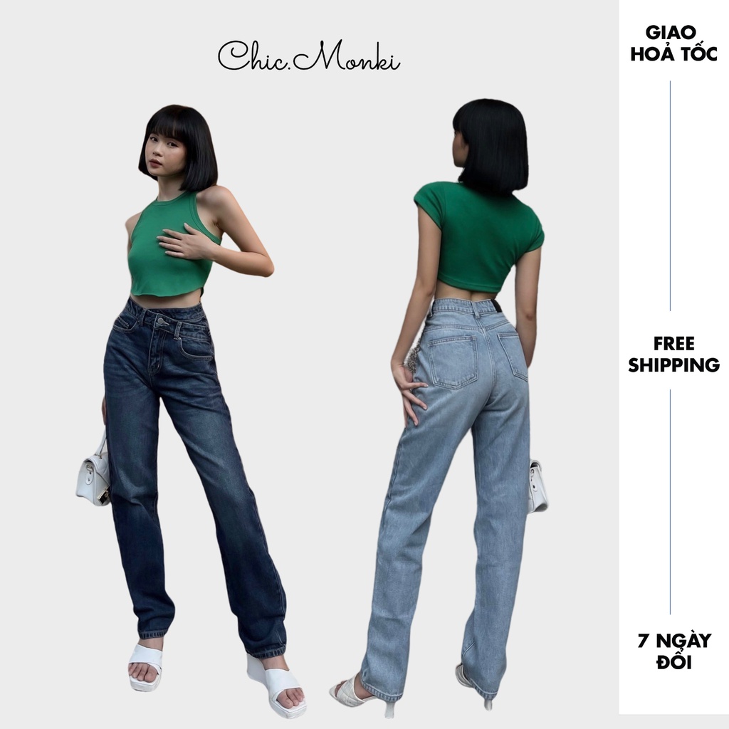 Quần jeans nữ ống rộng lệch lưng CHICMONKI lưng cao phom đẹp CMJ1196 | BigBuy360 - bigbuy360.vn