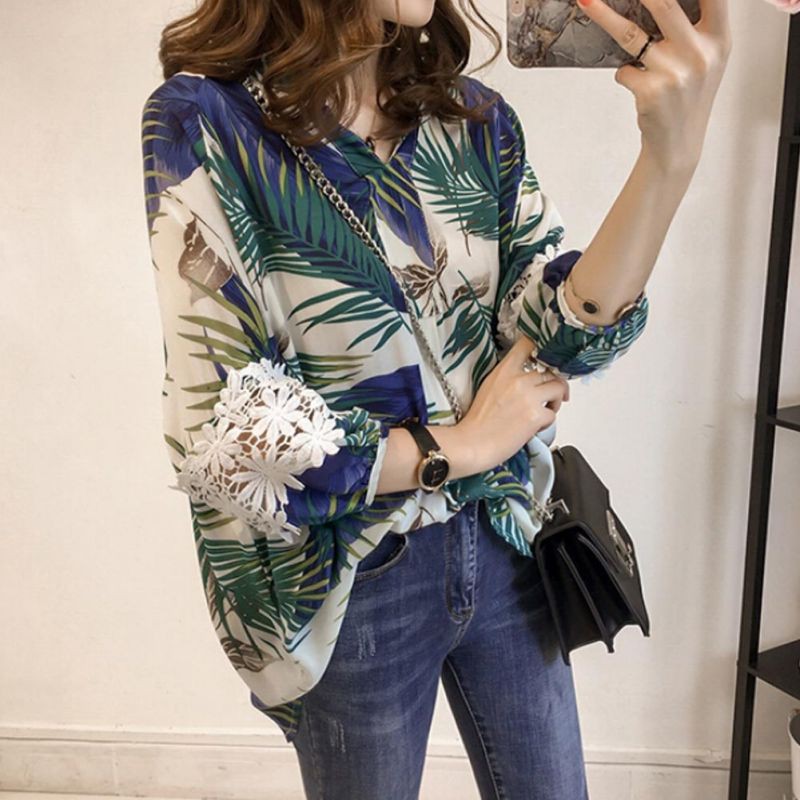 Áo sơ mi nữ tay dài cổ chữ V họa tiết thanh lịch | BigBuy360 - bigbuy360.vn