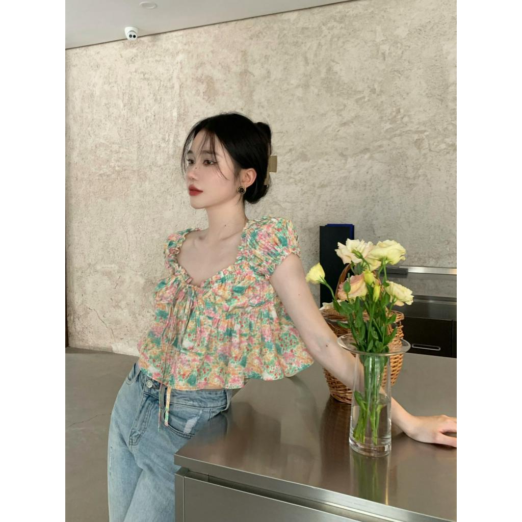 Áo Sơ Mi Tay Phồng Cổ Búp Bê Cột Dây Dáng Ngắn Thời Trang Xinh Xắn Cho Nữ