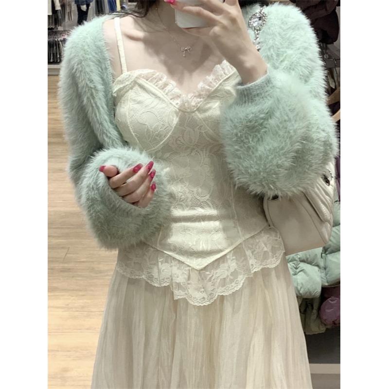 Set Áo Khoác Cardigan + Áo Hai Dây + Chân Váy Lưới Thời Trang Hàn Quốc Mới Cho Nữ