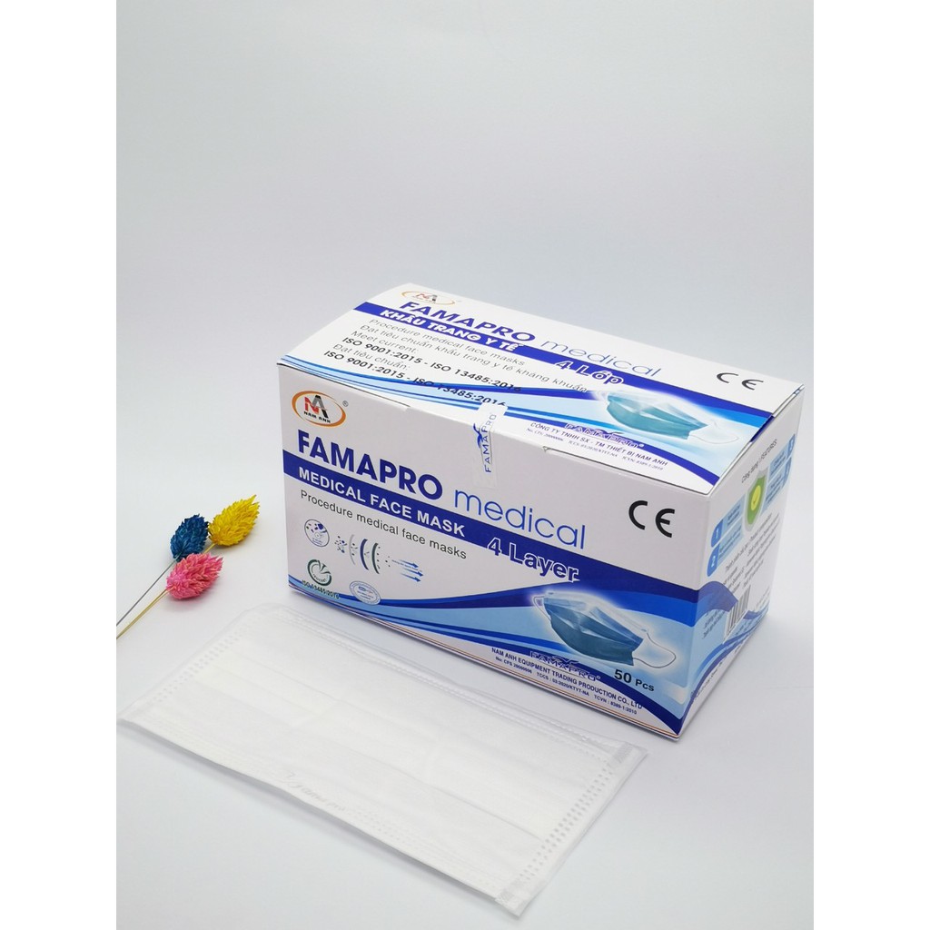 Khẩu trang y tế Famapro 4 lớp giấy kháng khuẩn hàng công ty Nam Anh hộp 50 chiếc