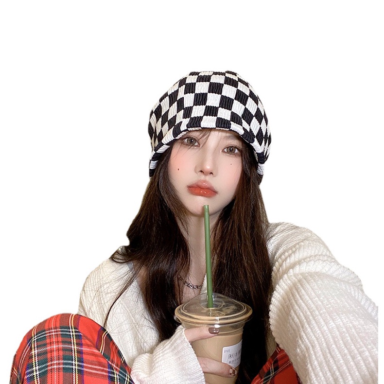 Mũ thời trang kiểu hàn quốc họa tiết kẻ ô trắng đen thời trang mùa xuân hè cho nam và nữ