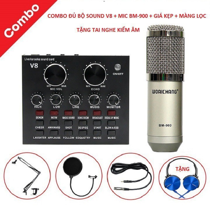 ComBo Đủ Bộ Sound car V8 - Mic BM 900 - Giá Kẹp - Màng lọc - Tặng Tai Nghe Kiểm Âm 2020