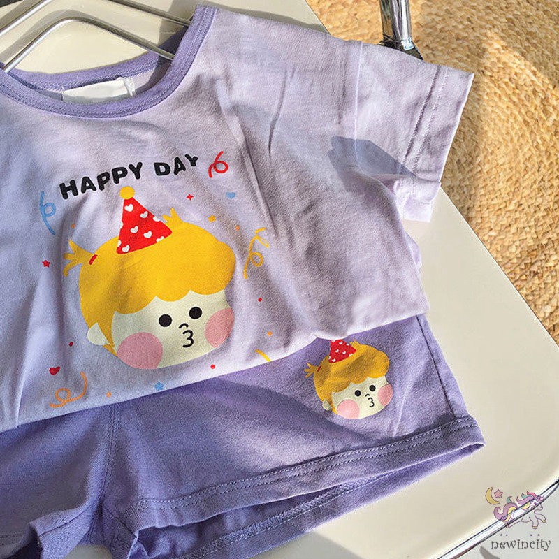 Set Áo Thun Tay Ngắn In Họa Tiết Hoạt Hình + Quần Short Năng Động Thời Trang Phong Cách Hàn Quốc Cho Bé