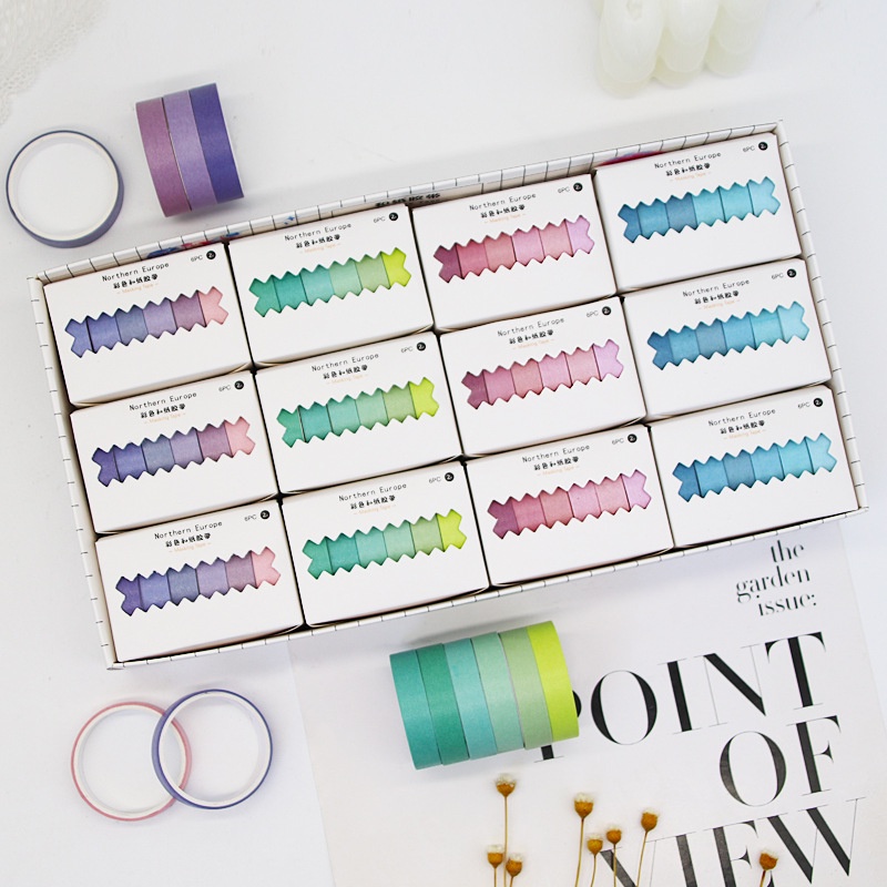 Bộ 6 cuộn washi tape rainbow, băng dính giấy cầu vồng trang trí sổ, làm thiệp, gói quà