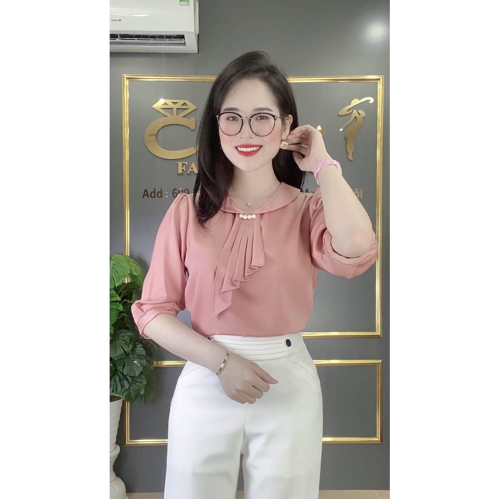 Áo công sở nữ ngắn tay dáng suông chất lụa vân ngọc trai cao cấp mềm mịn A6 Candy Fashion