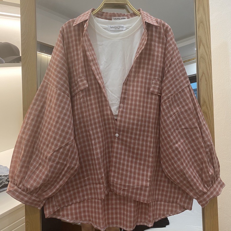 Áo sơ mi nữ LylyshopUnisex - M02, kiểu áo sơ mi oversize form rộng tay phồng kẻ sọc caro cho nữ mặc đi học, đi chơi