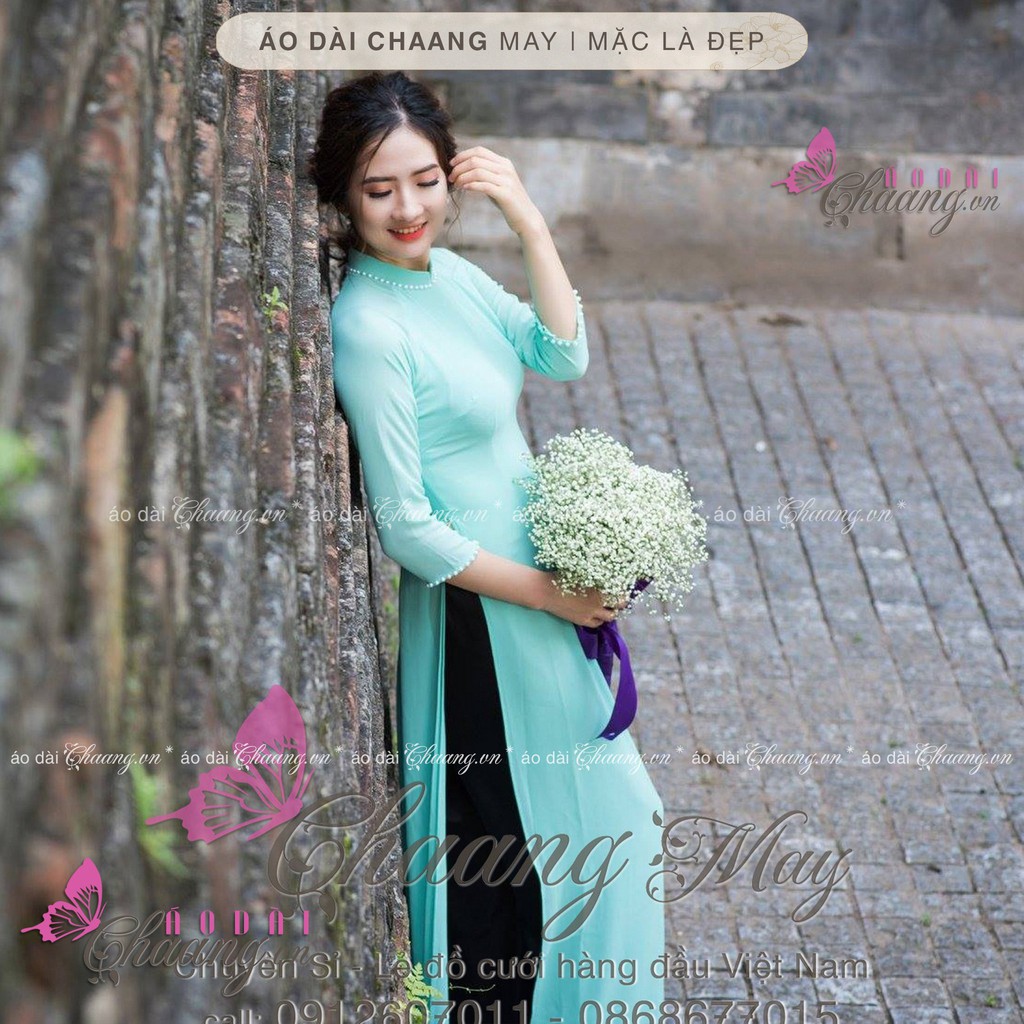 Áo dài màu xanh ngọc Chaang may sẵn vải áo dài lụa truyền thống đính hạt kèm quần