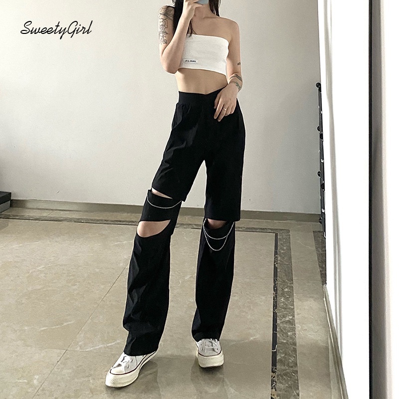 Quần Dài Lưng Cao Ống Đứng Màu Trơn Phối Dây Xích Thời Trang Cho Nữ