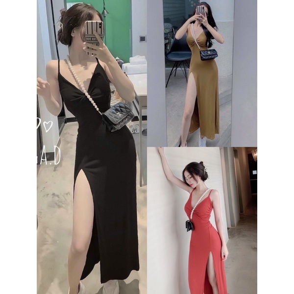 Đầm 2 dây thun lụa xẻ tà - freesize dưới 52kg - hình thật trải sàn Carotshop