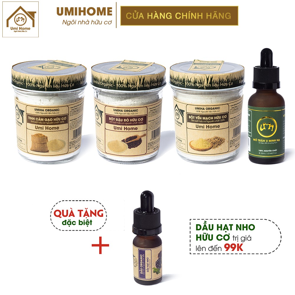 Combo Dưỡng Da UMIHOME gồm Bột Cám Gạo 135g, Bột Đậu Đỏ 135g, Bột Yến Mạch 135g, Mỡ Trăn 30ml. Tặng Dầu Hạt Nho 10ml