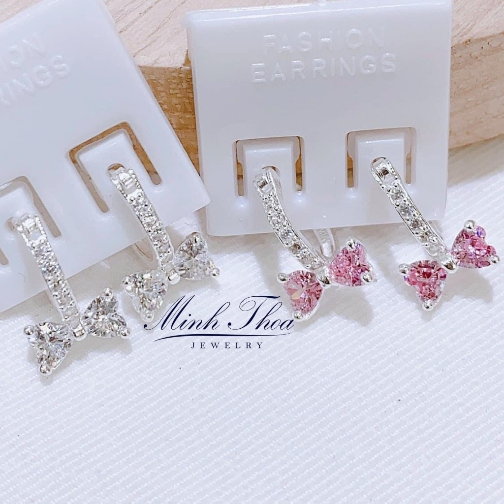 Bông tai nơ bạc bé gái, hoa tai bạc trẻ em nơ đá sáng đẹp trang sức Minh Thoa JEWELRY