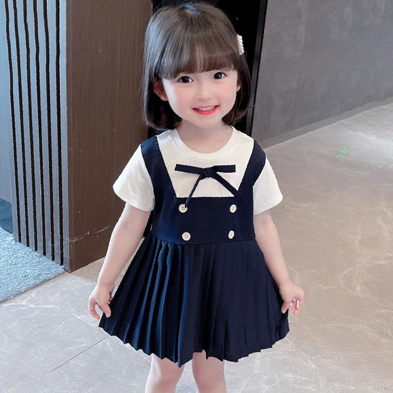 Đầm công chúa ngắn tay xếp ly màu trơn phong cách Hàn Quốc thời trang hè cho bé gái