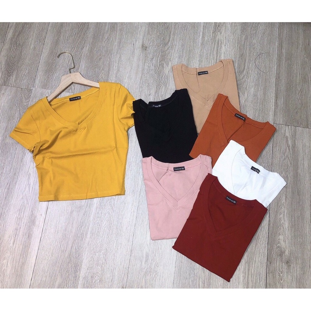 Áo croptop cổ tim Basic JOY BABE 💔 viền cổ may ngay ngắn, thun Forever 21 co giãn 4 chiều tốt 💛 cổ chữ V trơn CRON 2 -4D