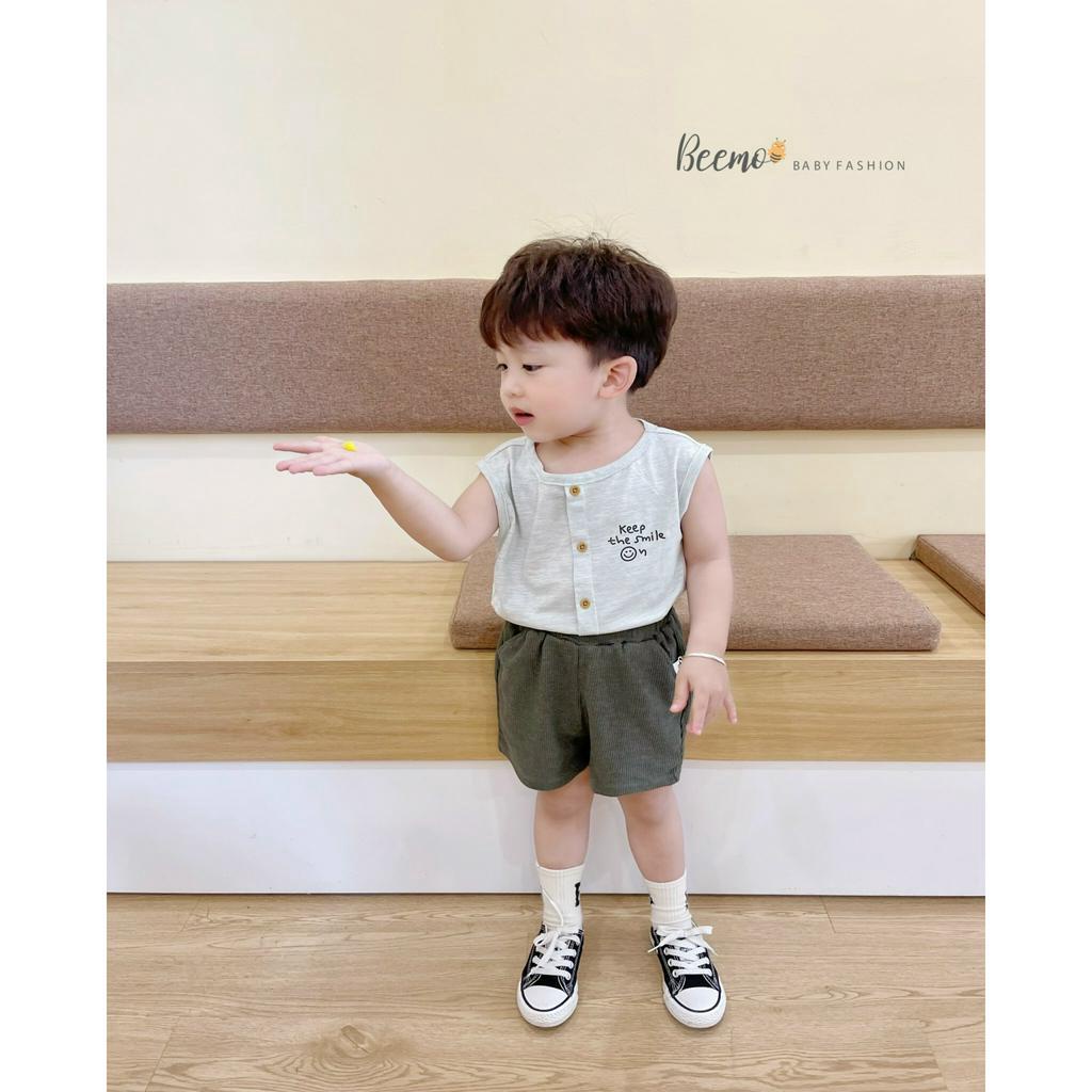 Áo ba lỗ cotton hoạ tiết unisex cho bé, áo thun ba lỗ đính cúc Beemo