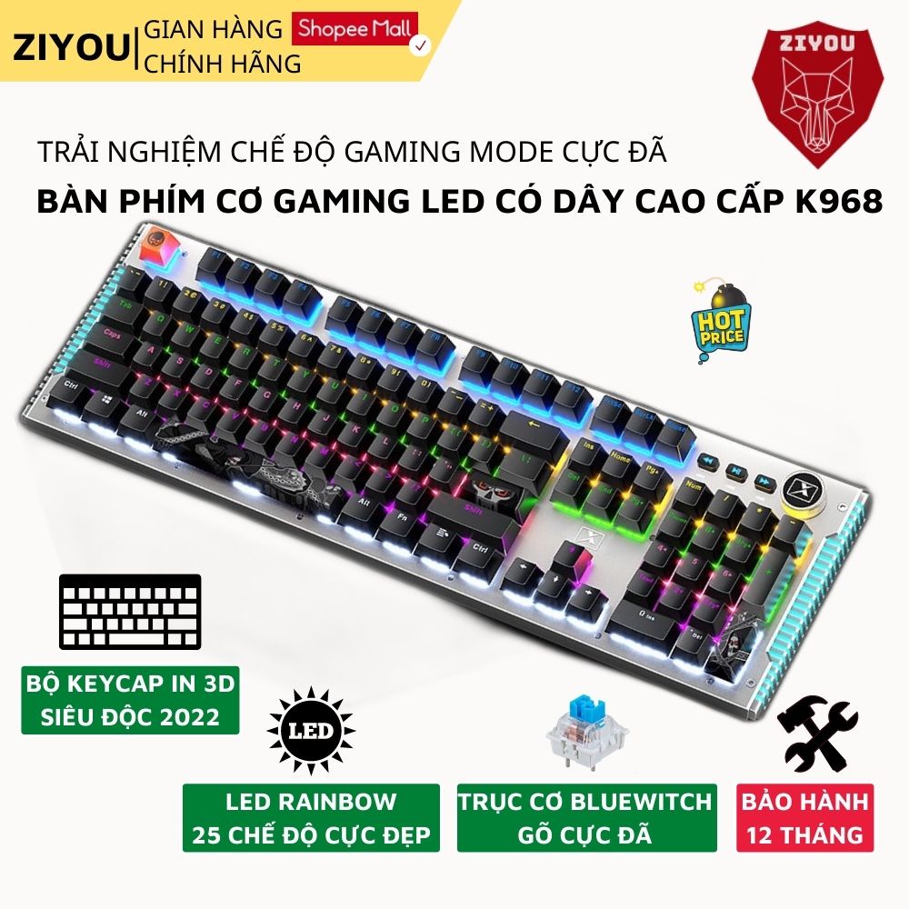 Bàn phím cơ máy tính gaming ZIYOU K968 PRO 2021 có 25 chế độ led RGB cực đẹp, chiến game cực đã cho pc, laptop, ...