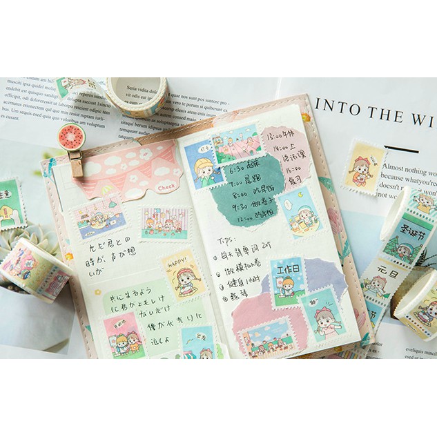 Cuộn stamp stickers/ sticker washi tape nhiều phong cách: cô gái dễ thương, vintage, tranh phong cảnh, tranh Van Gogh