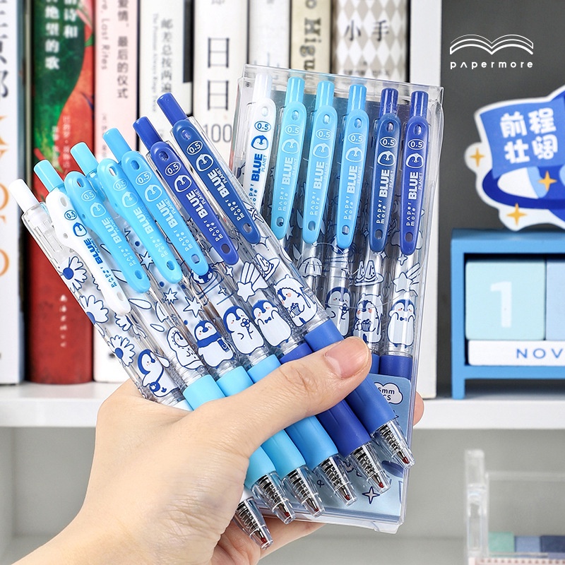 Bút mực Gel 6 màu đen hình chim cánh cụt dễ thương